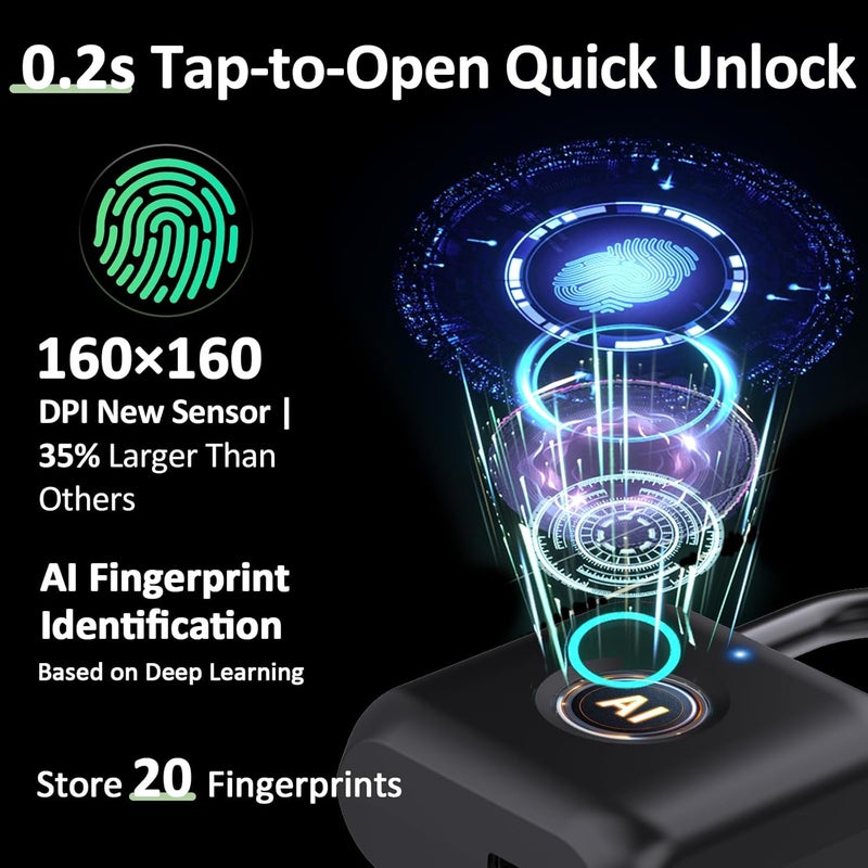 Pothunder Fingerprint Padlock, Smart Padlock, Locker Lock, Combination Lock, Fingerprint Lock with APP Unlock, USB Rechargeable, Suitable for Gym Locker, Door, Locker(Black) - Image 3